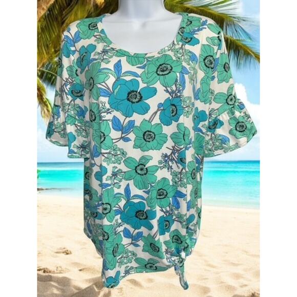 Juniper & Lime XL Top Green Blue Soft Stretch Floral Flare Bell Short Sleeves - Picture 2 of 5